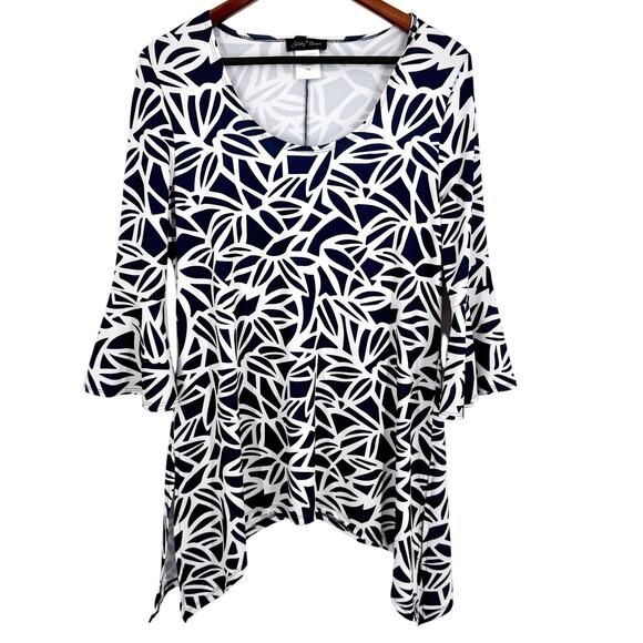 Slinky Brand Sz PM Petite Medium White Navy Blue Stretchy Blouse Shirt Top - Picture 1 of 7